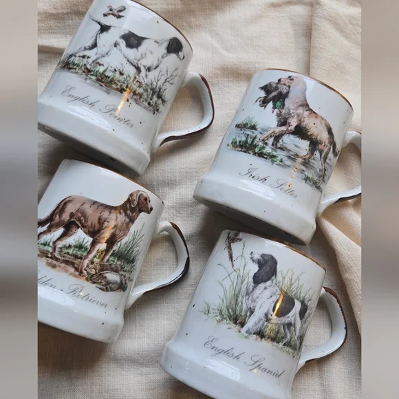 Vintage Enesco Speckled Stoneware Mugs Sporting Dogs Set Of 4 - Picture 5 of 9
